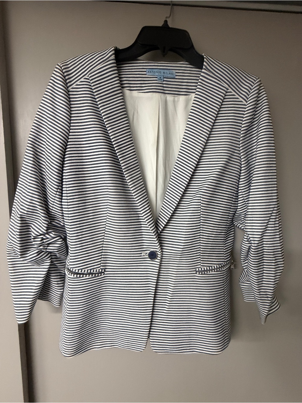 ANTONIO MELANI Navy and White Striped Single-Button Blazer